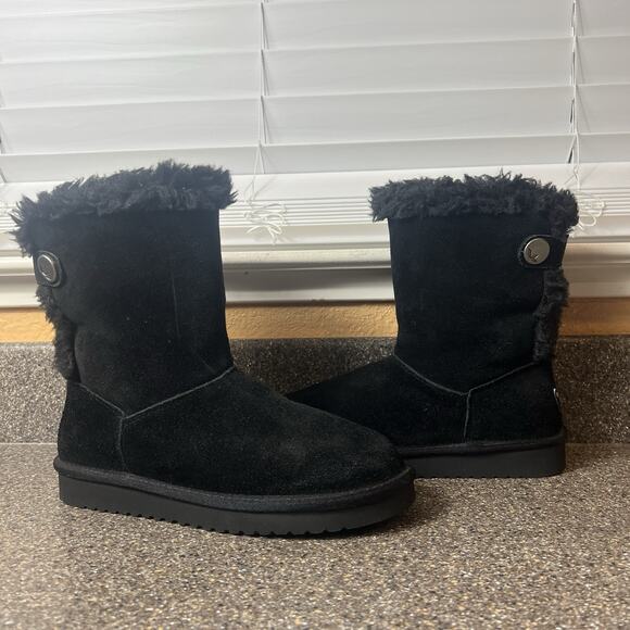 Koolaburra by UGG Womens Sz 7 Black Suede Tall Boots Faux Fur Trim Sherpa Lining - Picture 4 of 11